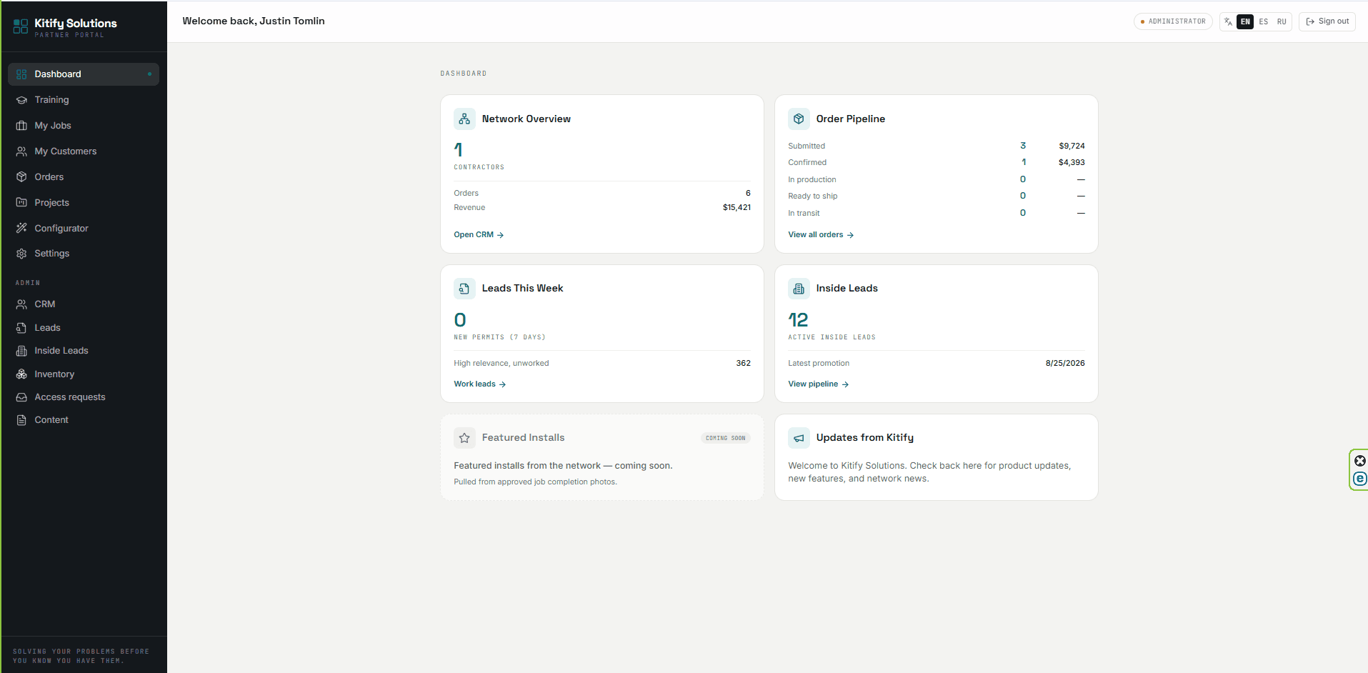 The Kitify partner portal dashboard, showing network overview, order pipeline and lead counts.