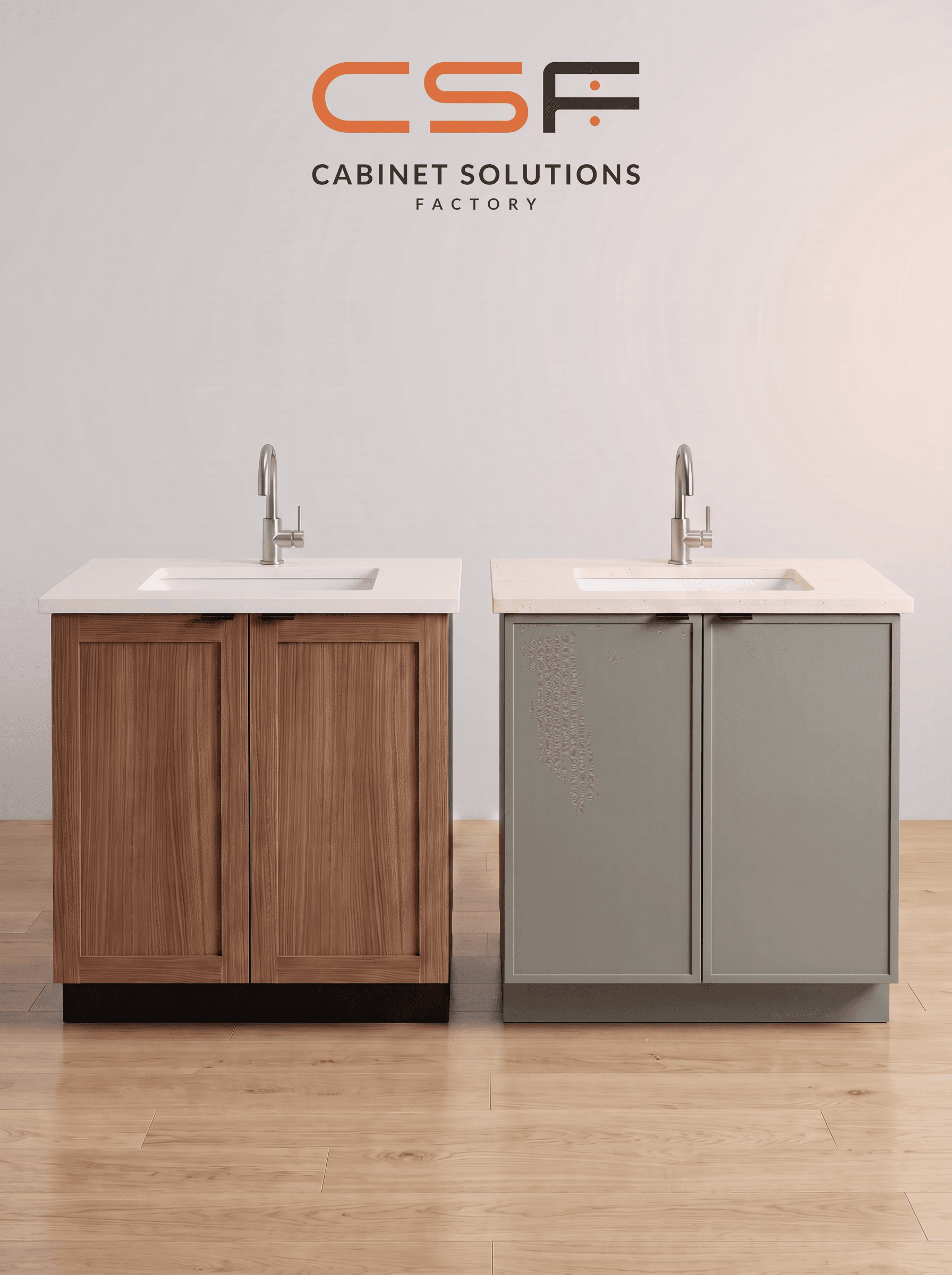Two CS Factory vanities — one walnut, one sage — with solid surface countertops and undermount basins.