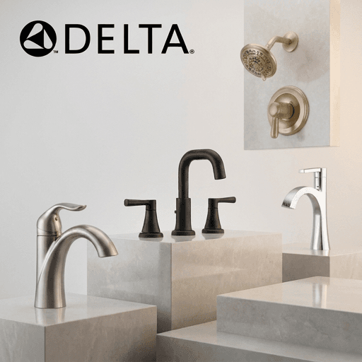 Delta faucets and a shower trim set in brushed nickel, matte black and chrome.