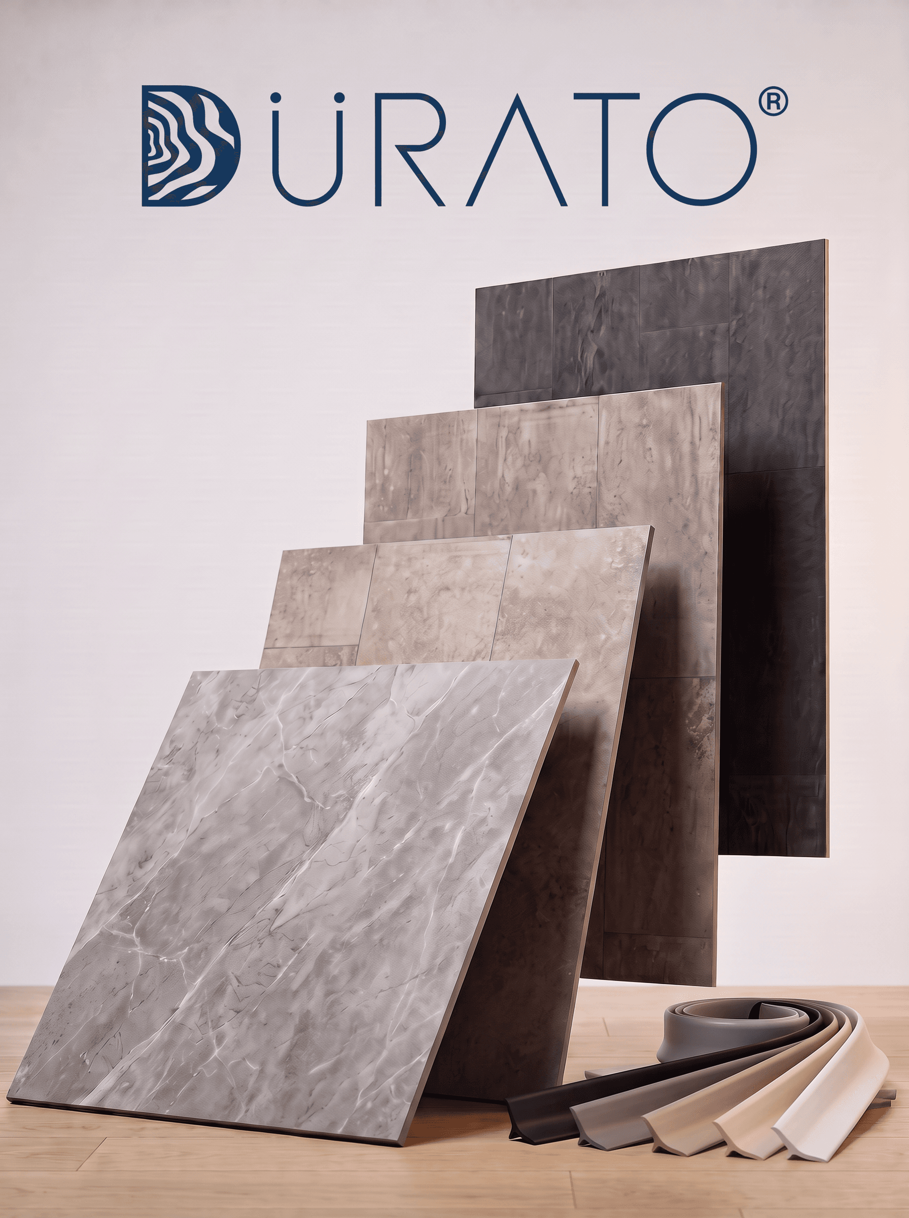 Stone-look SPC floor planks in four colorways with matching baseboard trim.